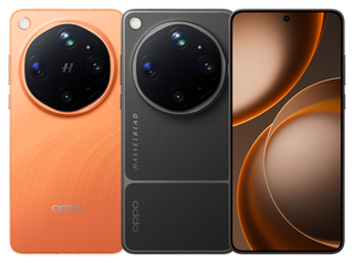 OPPO Find X9 Ultra in Canyon Orange and Tundra Umber, two rear views and front display