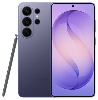 Galaxy S26 Ultra in Cobalt Violet, front and rear views with S Pen