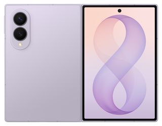 Galaxy Z Fold8 in Lavender, unfolded to show the rear cameras and cover display
